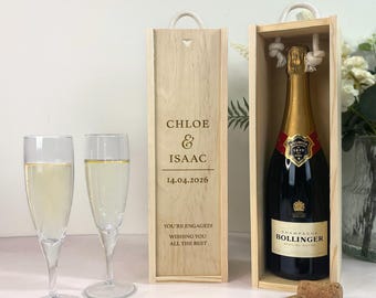 Personalised Engagement Champagne Box, Couples Names & Date Wooden Wine Box, Engagement Gift Keepsake, Wood Bottle Box, 5th Anniversary Gift