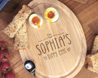 Egg Shaped Personalised Dippy Eggs Board with Custom Name and Love Hearts, Making Breakfast Time Fun For Kids, Egg & Soldiers, Easter Gift