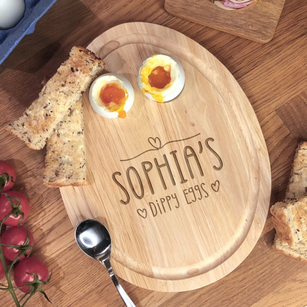 Egg Shaped Personalised Dippy Eggs Board with Custom Name and Love Hearts, Making Breakfast Time Fun For Kids, Egg & Soldiers, Easter Gift