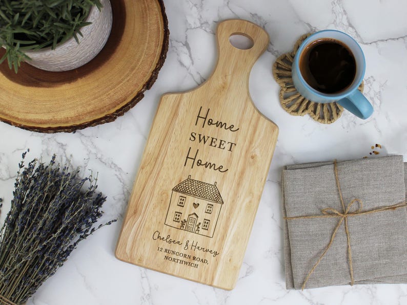 Personalised Home Paddle Chopping Board, Wooden Family Name Board, Moving House, New Home Gift, Housewarming Gifts, Home Sweet Home Cutting Board