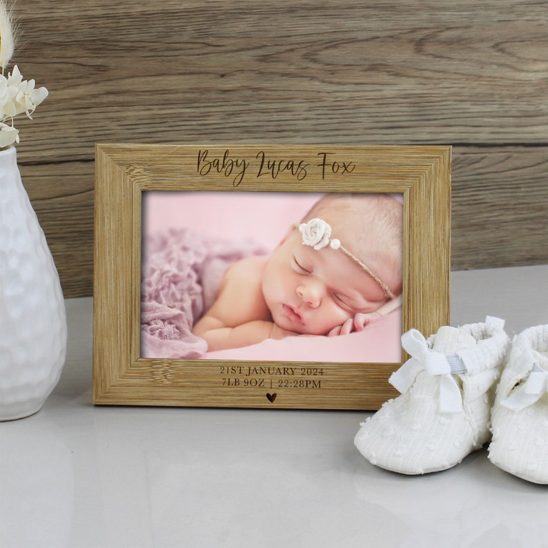 Personalised Baby Photo Frame, Newborn New Baby Picture Frame, Custom Engraved Birth Info, Baby Arrival Keepsake Gift, Wooden 4x6 Photograph