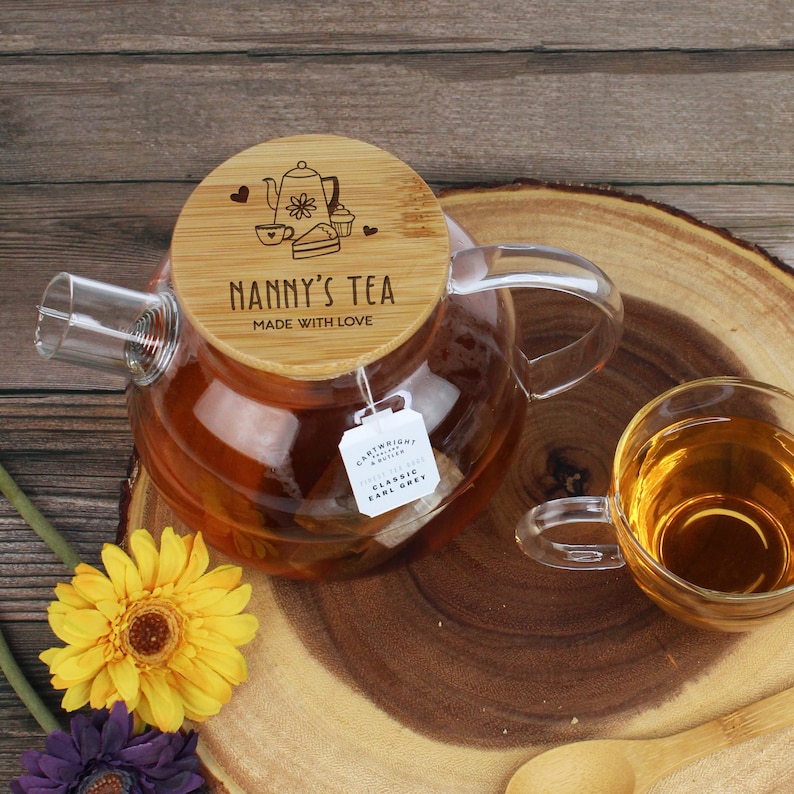 Mrs Tea Borosilicate Personalised Glass Tea Pot, 1L Grandma's Tea, Made With ...