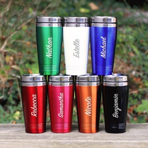 Personalised Travel Hot & Cold Mug, Reusable Coffee Cup, Thermal Stainless Steel that Holds 450ml, Customise Any Name or Word with Engraving