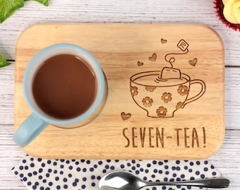 Engraved Tea & Biscuits Board, &quot;SEVEN-TEA&quot; Design, Wood Coffee Treat Board, Grandma 70th Birthday Gifts for Women, Her, Seventieth Mum