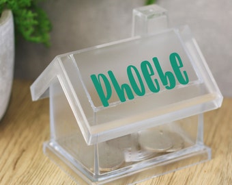 House Shaped Money Box, Piggy Bank for New Home Savings, Any Name, Slogan Personalised Customised, Teach Children to Save Gift