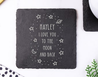 I Love You To The Moon & Back Square Slate Coaster, Stars and Planets Design, Romantic Gift for Partner, Husband, Wife, Mum, Dad or Friend
