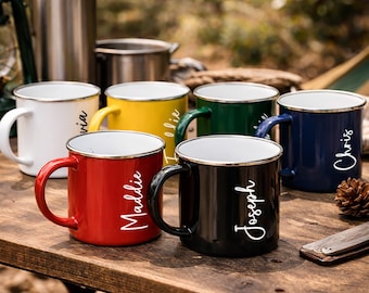 Taza de camping esmaltada personalizada, taza de café y té de metal con nombre personalizado, regalo de aniversario de metal, taza de café para exteriores para él o ella, 380 ml