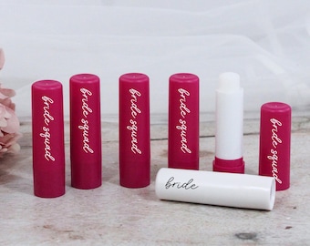 Bálsamos labiais Pink Bride Squad, bálsamo labial White Bride, tema de despedida de solteira rosa, aroma de baunilha, lembrancinhas para sacolinha de despedida de solteira, itens para encher sacolinhas de festa de despedida de solteira