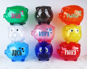 Children's Personalised Clear Piggy Bank, Colourful Kids Money Box, Custom Vinyl, Stars, Hearts, Flowers, Any Name Customised, Nursery Decor