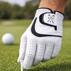 K&ouml;nnte beinhalten: Wei&szlig;er Golfhandschuh mit schwarzen Akzenten und einem Logo mit gekreuzten Golfschl&auml;gern und den Initialen "NA". Der Handschuh ist f&uuml;r Atmungsaktivit&auml;t perforiert und befindet sich auf einem gr&uuml;nen Golfplatz. Ein Golfball und ein Tee sind ebenfalls sichtbar.