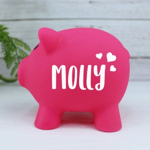 Children's Personalised Piggy Bank, Colourful Kids Money Box, Custom Vinyl, Stars, Hearts, Flowers, Any Name Customised, Nursery Decor Pink