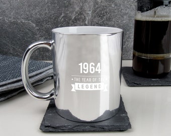 Metallic Engraved Silver Coffee Mug "1964 Year of The Legend" Design, 60th Birthday Gifts for Men, Him, Dad, 350ml Ceramic Tea Cup