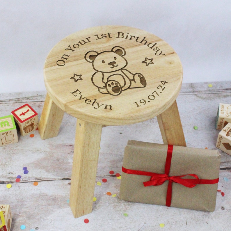 First Birthday Gift, Child’s Wooden Stool, On Your 1st Birthday Chair Personalised with Name & Date, One Year Old Baby Girl / Boy Gif