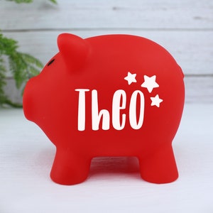 Children's Personalised Piggy Bank, Colourful Kids Money Box, Custom Vinyl, Stars, Hearts, Flowers, Any Name Customised, Nursery Decor Red