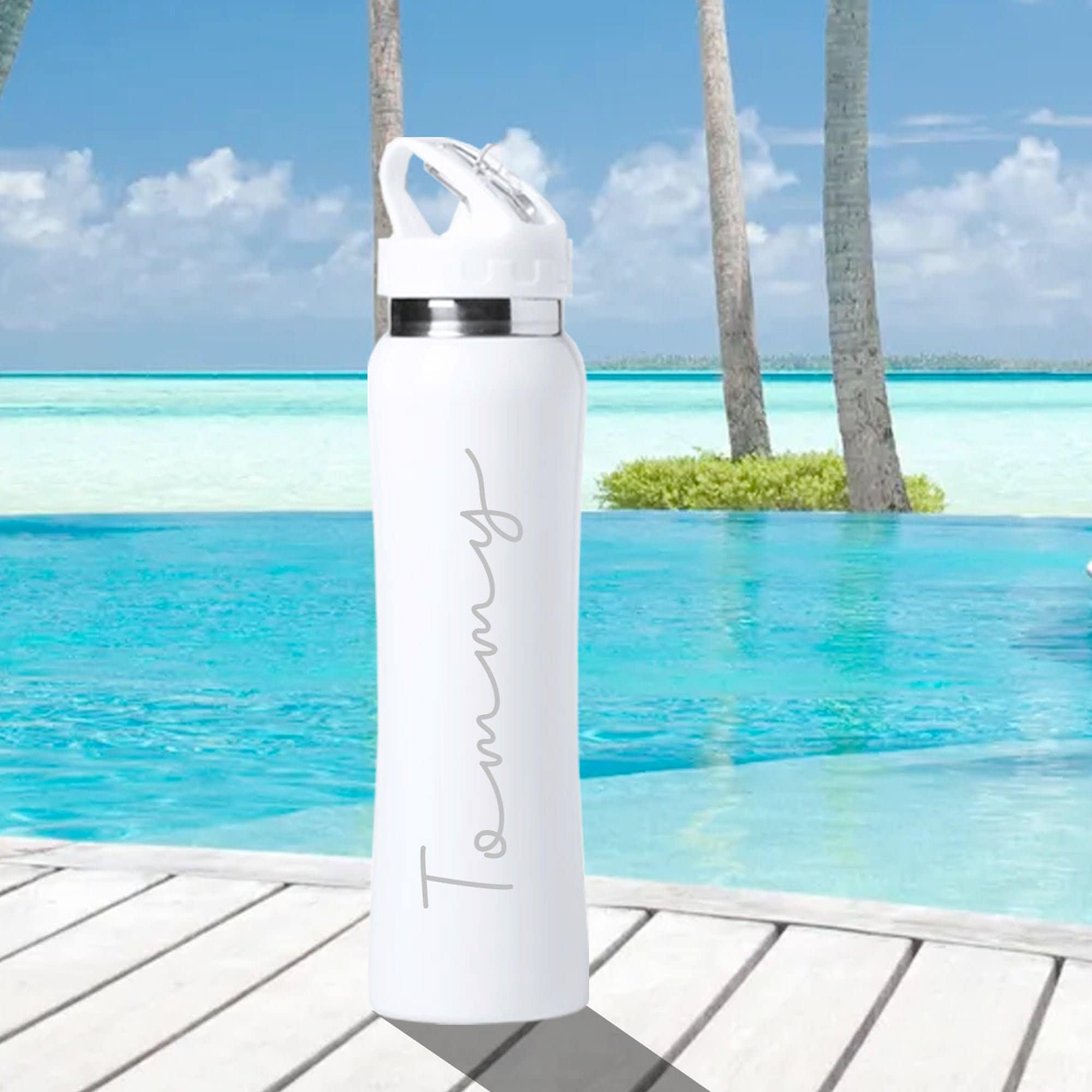 White Metal Water Bottle Personalised, with Flip Straw Engraved Love …