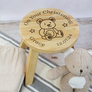 Personalised Child’s Wooden Stool On Your Christening Chair Name & Date Baby Christening Gift for Daughter Son Godson Goddaughter Godson