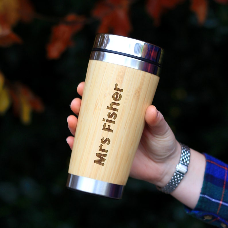 Personalised Teacher Travel Mug, Hot Cold Eco Bamboo 500ml Insulated Coffee Cup Mug, Christmas Gift, Thank You Teacher Appreciation Gifts