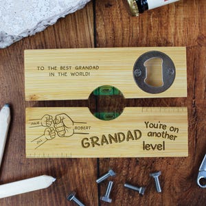 Grandad Birthday Gift, 2 in 1 Personalised Wooden Spirit Level Bottle Opener, Grandad You&#39;re On Another Level, Child&#39;s Name, Fist Bump