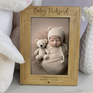 Personalised Baby Photo Frame, Newborn New Baby Picture Frame, Custom Engraved Birth Info, Baby Arrival Keepsake Gift, Wooden 4x6 Photograph