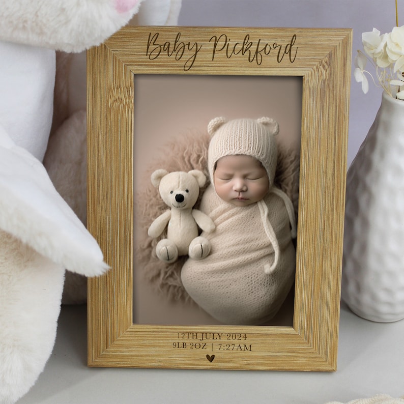 Personalised Baby Photo Frame, Newborn New Baby Picture Frame, Custom Engraved Birth Info, Baby Arrival Keepsake Gift, Wooden 4x6 Photograph
