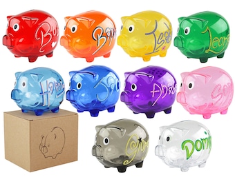 Children's Personalised Clear Piggy Bank - Colourful Money Box for Loose Change, Coins, Savings - Any Name Customised Pot of Dreams