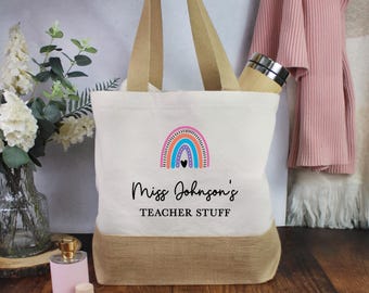 Personalised Teacher Stuff Bag, Teacher Gifts, Nursery Teacher Jute Bag, Canvas Bag, Rainbow Teacher Tote Bag, School Leaver Gift from Pupil