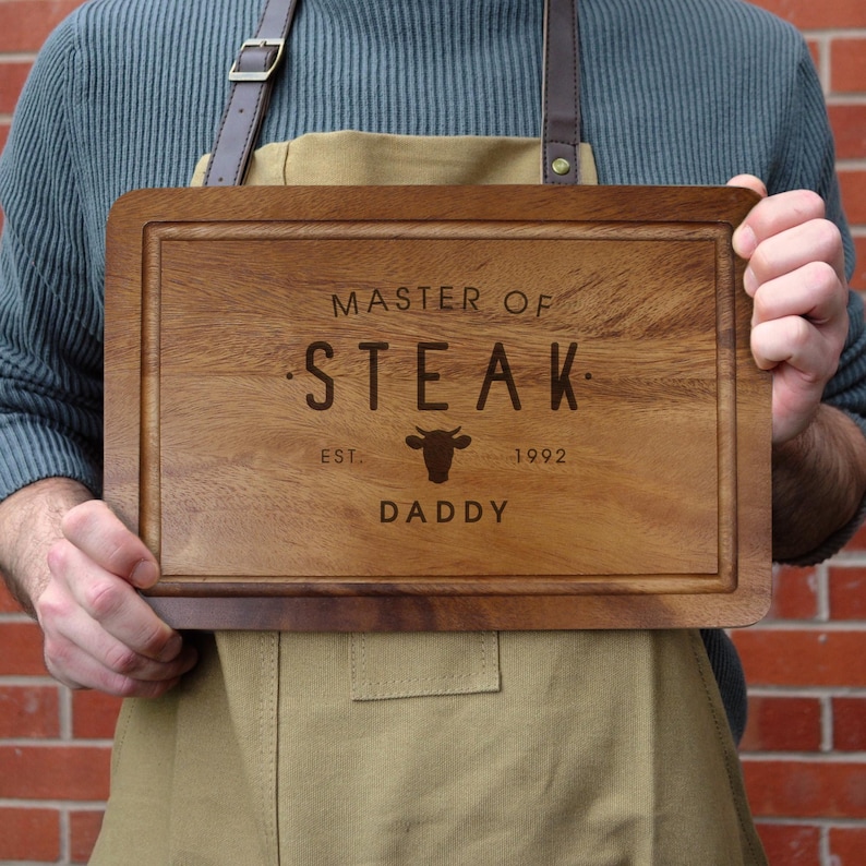 Personalised Master of Steak Cutting Board, Engraved Acacia Wood BBQ Board, Gift for Dad, Grill Master Gift, Custom Chopping Board for Him