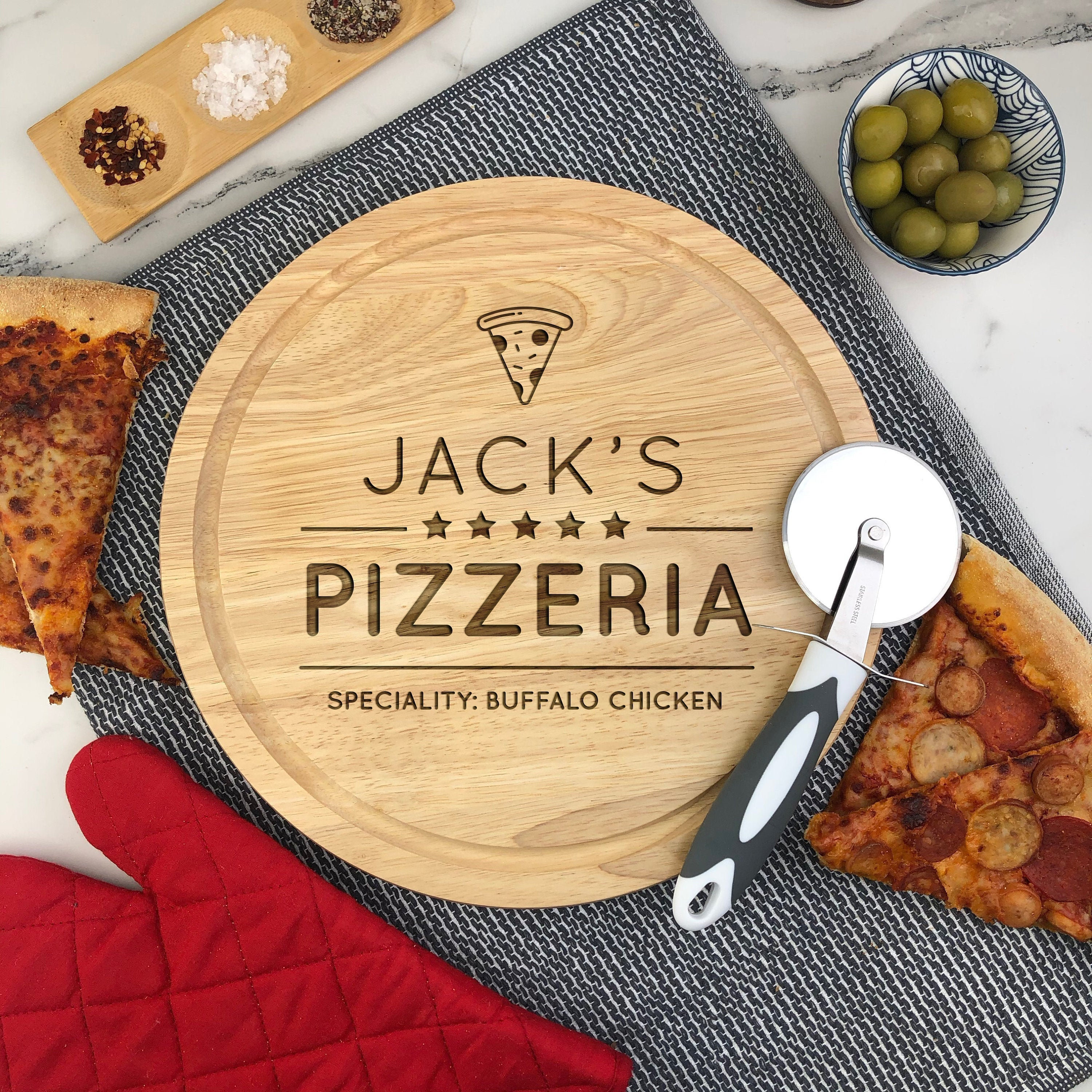 Personalised 5 Star Pizzeria Chopping Board, 28cm Pizza Serving Board…