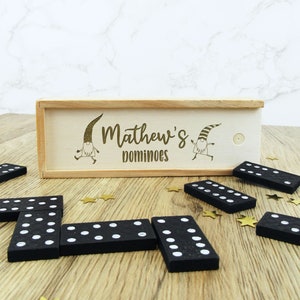 Personalised Wooden Dominoes Tile Game with Gnome Gonk Eco Friendly Box, Christmas Eve Box / Stocking Filler for Kids, Children Party Games