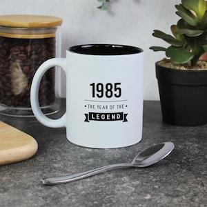 Taza de café blanca grabada, "1985, año de la leyenda", regalos de 40 cumpleaños para hombres, 350 ml, cuadragésimo regalo para papá