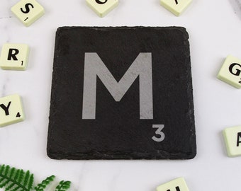 Scrabble Coaster Slate Engraved Letter Tile, Home Drinks Coasters, Alphabet and Number Score, Make your Own Words, Board Game Lover Gift