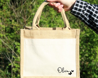 Personalised Jute Lunch Bag, Name and Butterfly Design, Large, Medium & Small Eco Friendly Tote, Work, Office, Teacher, School Bag