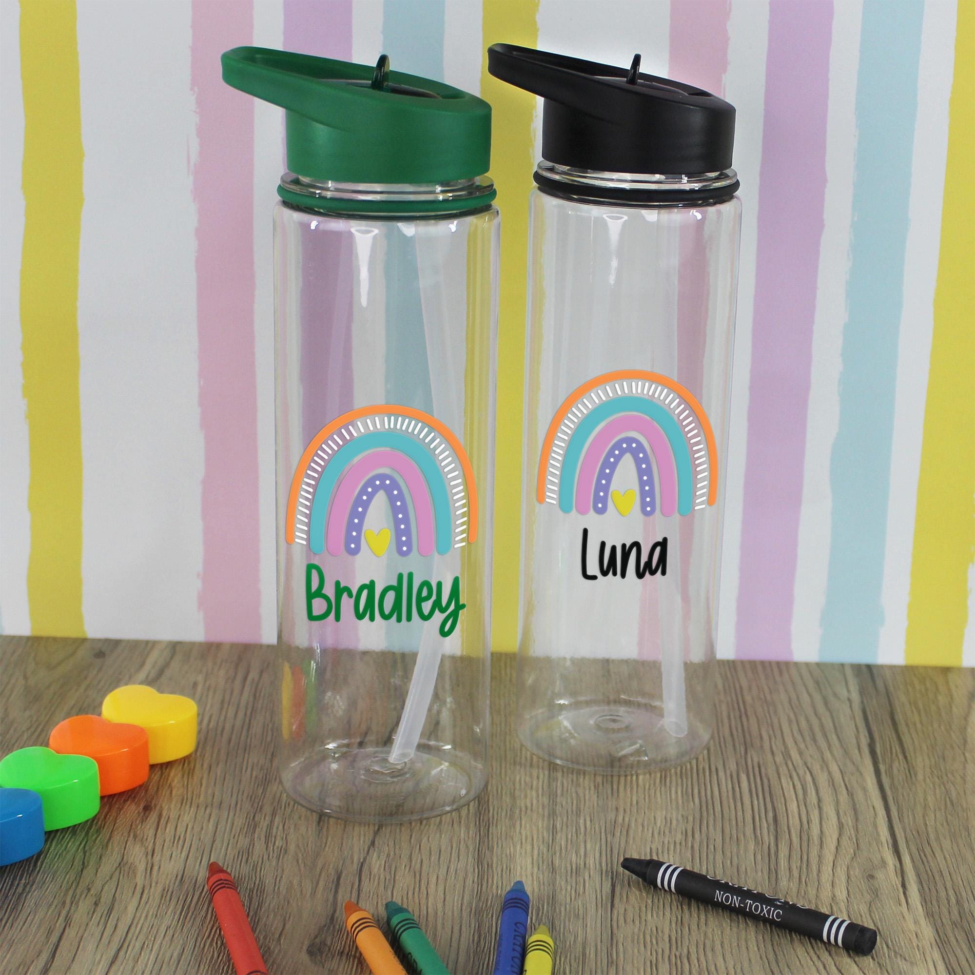 Personalised Kids Water Bottle With Flip Top Straw - 700ml Rainbow Sports Bottle, BPA Free