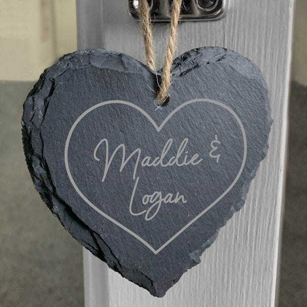 Laser Engraved Custom Names, Personalised Slate Hanging Heart Decoration, Wedding Day, Anniversary Gift, Slate Heart, Rustic Decoration