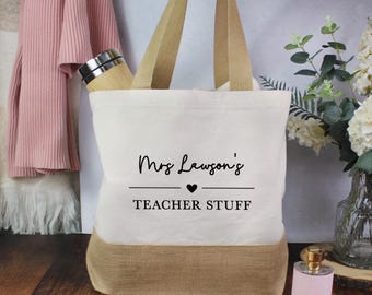 Teacher Stuff Personalised Bag, Mrs Teacher Name Stuff Jute Bag, Thank You Teacher Tote Bag, Teacher School Bag, Teacher Books Shopping Bag