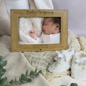 Personalised Baby Photo Frame, Newborn New Baby Picture Frame, Custom Engraved Birth Info, Baby Arrival Keepsake Gift, Wooden 4x6 Photograph