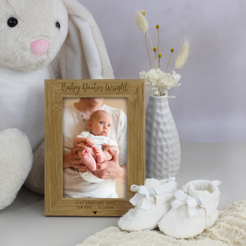 Personalised Baby Photo Frame, Newborn New Baby Picture Frame, Custom Engraved Birth Info, Baby Arrival Keepsake Gift, Wooden 4x6 Photograph