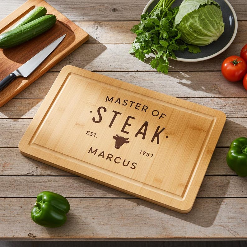 Personalised Master of Steak Cutting Board, Engraved Acacia Wood BBQ Board, Gift for Dad, Grill Master Gift, Custom Chopping Board for Him