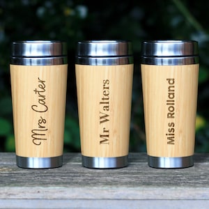 Personalised Teacher Travel Mug, Hot Cold Eco Bamboo 500ml Insulated Coffee Cup Mug, Christmas Gift, Thank You Teacher Appreciation Gifts