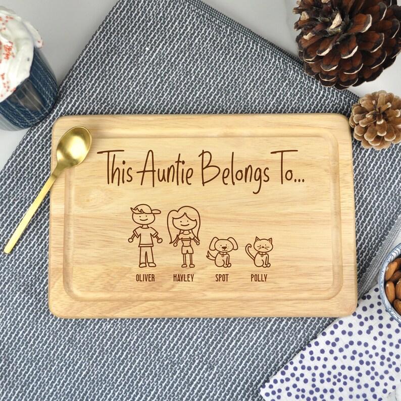 a Handmade Rectangle wood Personalized Laser Engraved lovely Family Portrait Chopping Board is the funny christmas gift for your aunt