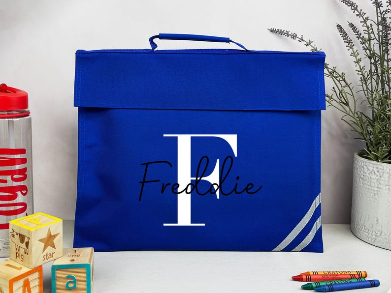 Personalised School Book Bag with Name & Initial, Kids Back to School Bag, Unisex Nursery, Primary School Bookbag, Children's Name Music Bag