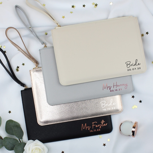 Personalised Mrs Clutch Bag for Bride to Be, New Married Name, Bridal Clutch Bag, ANY DATE, Wedding Day Handbag, Honeymoon, Hen Party Gift