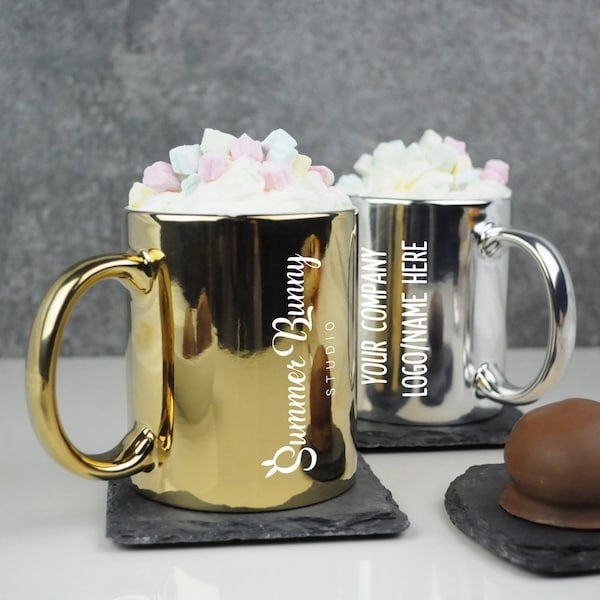 Personalised Promotional Merchandise Mug Business Gift Silver / Gold Metallic Coffee Tea Cup, for Company Logo, Company Name, Corporate Gift