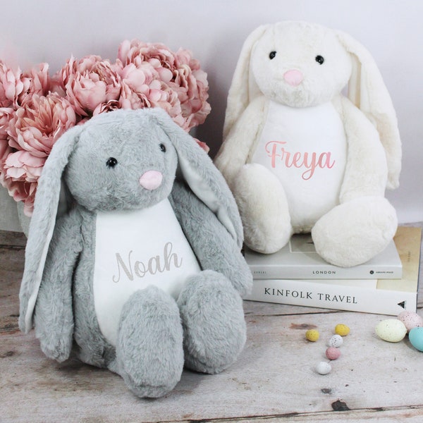 Large Easter Bunny Rabbit Personalised with Child's Name, Custom Plush Soft Toy,  New Born Baby Girl, Baby Boy Teddy Bear Gift, Grey & Cream