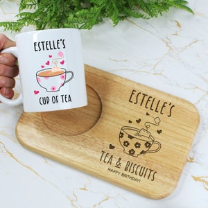 Personalised Tea & Biscuits Board with Coffee Mug Option, Wood Treat Board, Mother's Day, Birthday Gifts for Grandma, Mum, Friend, Tea Lover