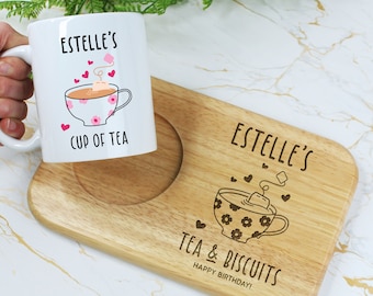 Personalised Tea & Biscuits Board with Coffee Mug Option, Wood Treat Board, Christmas, Birthday Gifts for Grandma, Mum, Friend, Tea Lover