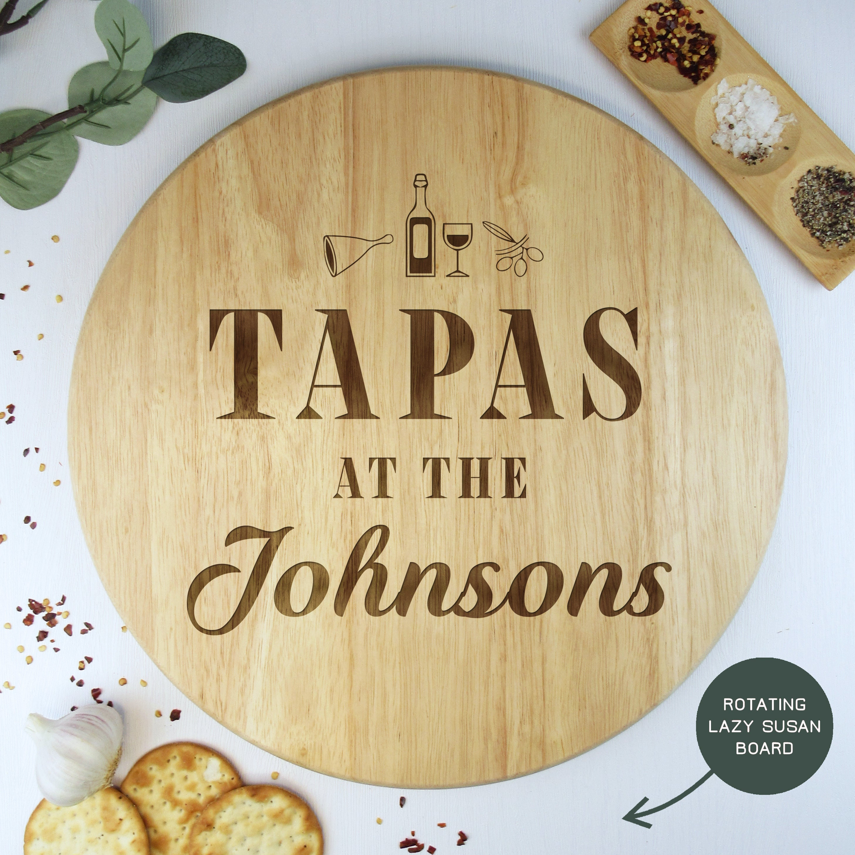 Lazy Susan Personalised Tapas At The..Family Name Serving Board, Large 35 cm Engraved Meze Board, Rotating Platter Display Food