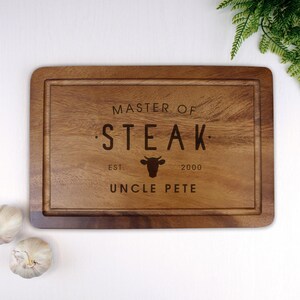 Personalised Master of Steak Cutting Board, Engraved Acacia Wood BBQ Board, Gift for Dad, Grill Master Gift, Custom Chopping Board for Him