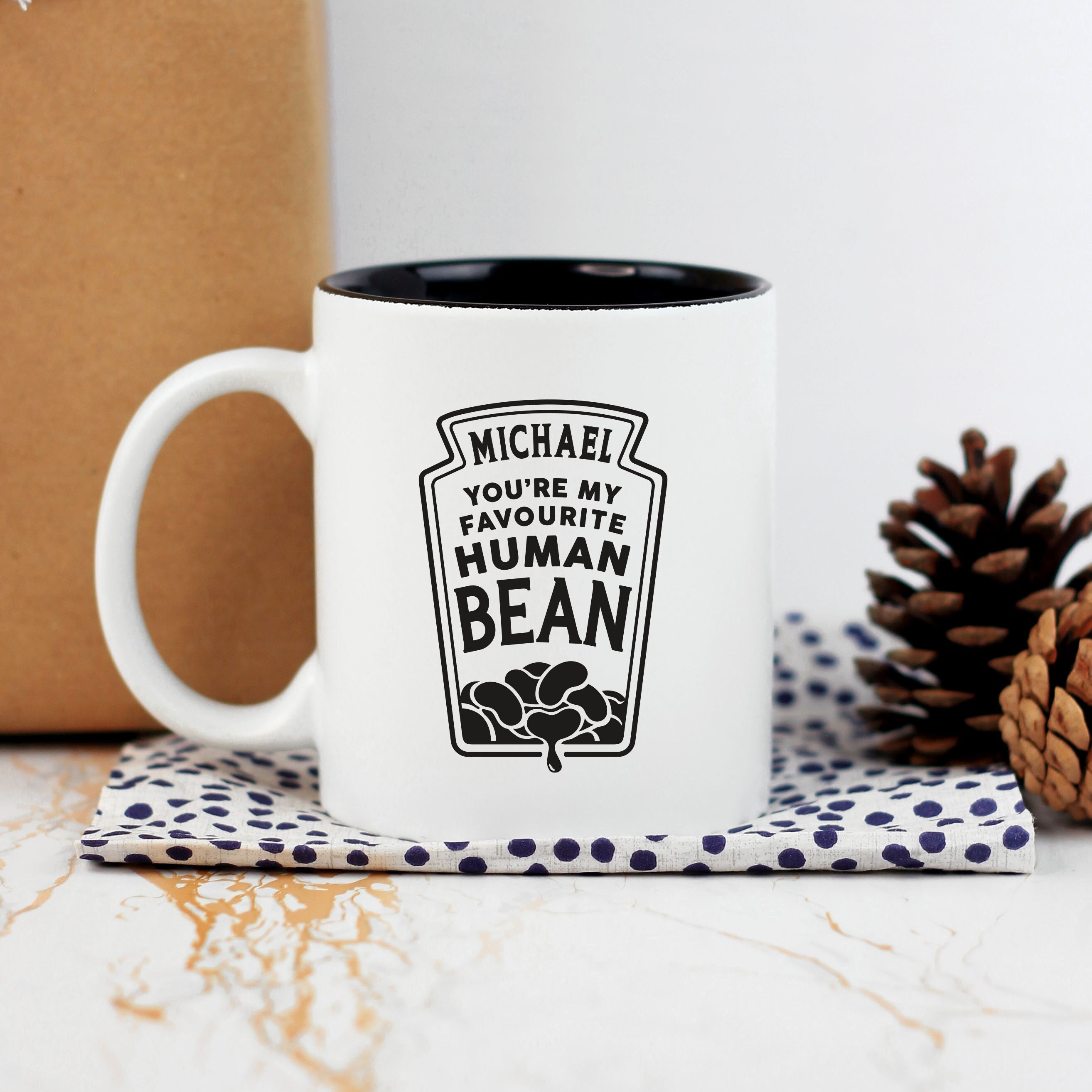 My Favourite Human Bean Cute Mug, Funny Personalised Valentines Gifts for Him, Boyfriend, Husband, Bean Lover Mug, Baked Bean Pun Cup