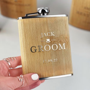 Personalised Wooden Groom Hip Flask, Wedding Gift for Father of the Bride, Father of the Groom, Best Man, Usher, Groomsmen, Stag Party